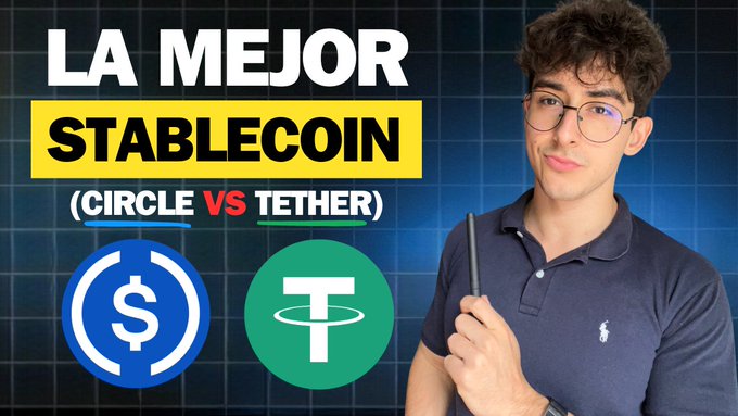 A YouTube thumbnail titled 'LA MEJOR STABLECOIN (CIRCLE VS TETHER)' featuring a young man with glasses holding a pen next to the USDC and Tether logos.