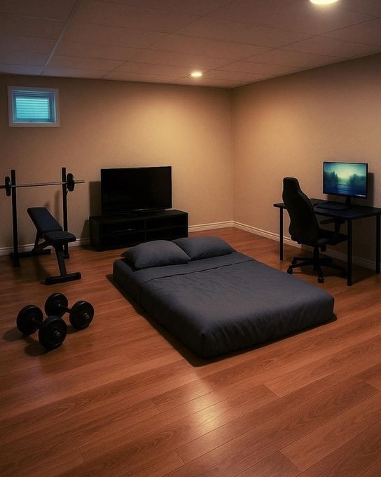 urn of water, black TV, computer monitor, and weights occupy a dimly lit room with wooden floors and beige walls.