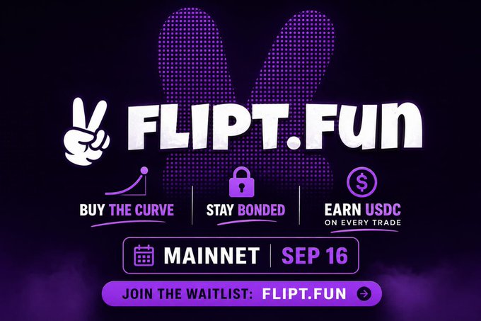 The image is a promotional graphic for FLIPT.FUN featuring a purple peace sign background and a peace sign hand emoji, highlighting three key features: "Buy the Curve," "Stay Bonded," and "Earn USDC on Every Trade." It announces the platform's Mainnet launch on September 16 and invites users to join the waitlist at flipt.fun, visually reinforcing the post's message about their bonding curve launchpad built on Arc.