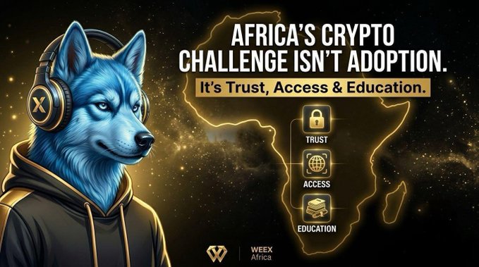 The image features a blue wolf wearing headphones with the text "Africa's Crypt Challenge isn't adoption." The wolf appears to be standing against a black background, which contrasts with its vibrant blue fur. Below the wolf, there are three icons representing trust, access, and education, each accompanied by a gold border. These icons are arranged in a row below the wolf, creating an upward-pointing line that draws attention to the message about Africa's crypto challenge.

The image also includes text elements such as "Africa's Crypt Challenge isn't adoption." This phrase is written in white letters and is positioned above the wolf. The overall layout of the image suggests a strong visual connection between the wolf, its headphones, and the text, reinforcing the theme of trust, access, and education related to Africa's crypto challenge.

The image also contains some text elements such as "WEEX_Africa" and "@WEEX_Official". These words are positioned below the wolf and above the icons, respectively, further emphasizing the connection between the wolf and the broader context of the image.