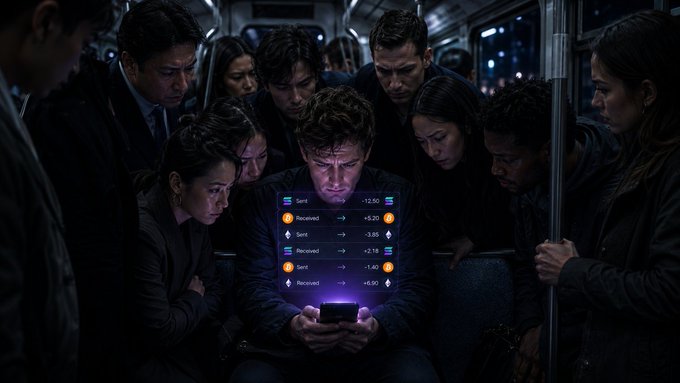 A cinematic scene showing a man on a subway train looking at his phone, with cryptocurrency transactions displayed in glowing text above the device as other passengers watch.