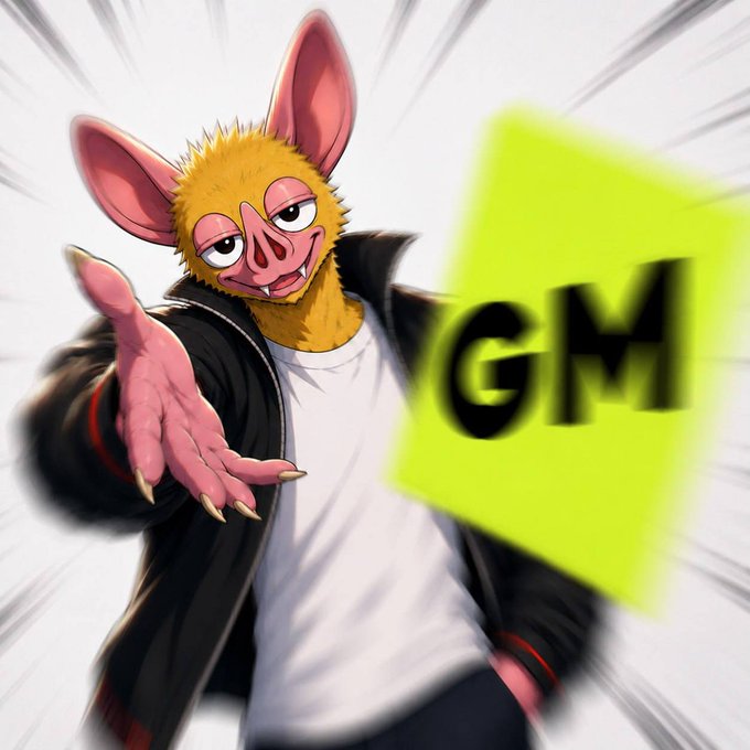 Illustration of an anthropomorphic bat-like character with large pink ears, wearing a white t-shirt and black jacket, gesturing with one hand beside a yellow 'GM' graphic.