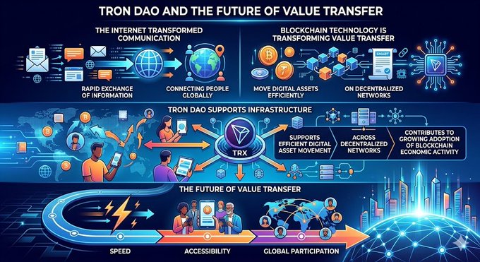 The image features an infographic illustrating the concept of "TRON DAO and the Future of Value Transfer" with a focus on the future of value transfer, specifically highlighting the role of blockchain technology. The infographic is designed in two sections that display both a traditional flowchart and a modern illustration, providing various insights into this emerging cryptocurrency platform. 

The traditional flowchart displays step-by-step guidance for value transfer using blockchain technology, while the modern illustration showcases the use of cryptocurrency to facilitate seamless global participation and efficient value exchange within the network. The post explains that TRON DAO supports infrastructure that enables users to move digital assets quickly across a decentralized network, emphasizing the efficiency and transparency offered by this innovative approach to value transfer.