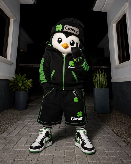 A Clover-branded penguin mascot character wearing a black and green tracksuit, beanie, and Nike sneakers, posing outdoors at night in front of a building entrance.