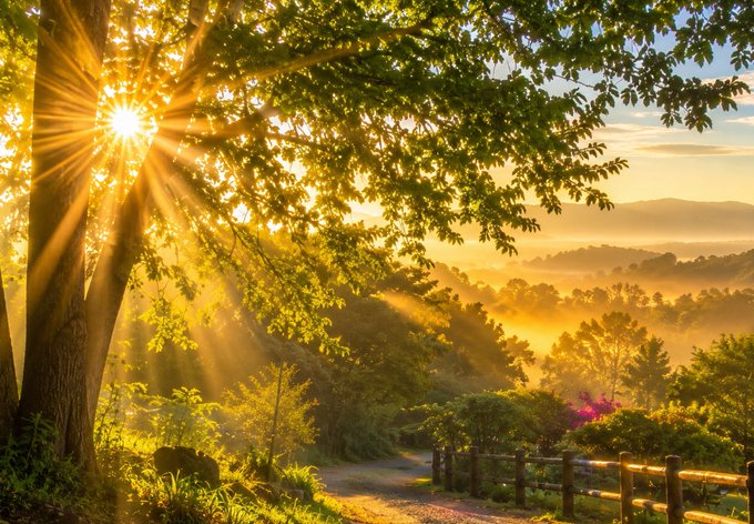 A scenic landscape photograph featuring golden sunlight streaming through tree branches, illuminating a misty valley with a wooden fence and dirt path in the foreground.