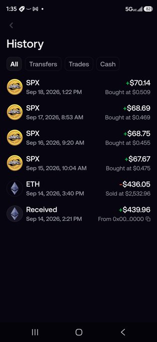 Trading history screen on a phone showing transactions for SPX token (bought on Sept 15-18, 2026 at various prices around $0.45-$0.51) and an ETH sold on Sept 14, 2026 for $436.05.