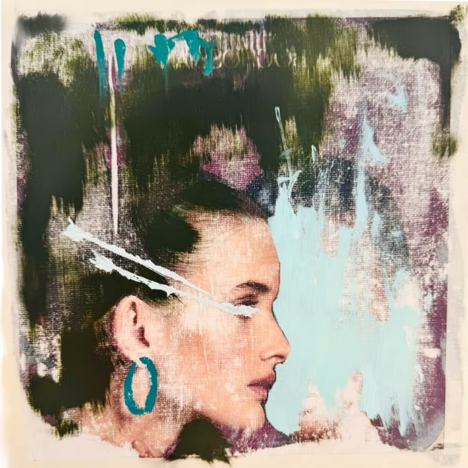 Mixed media artwork showing a photographic profile of a woman's face overlaid with expressive paint strokes in teal, purple, black, and white.
