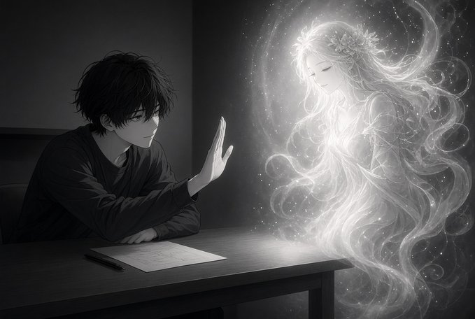 A black and white illustration portrays a dark-haired young man sitting at a desk, reaching his hand toward a luminous, ethereal ghostly female figure with flowing hair and a flower crown.