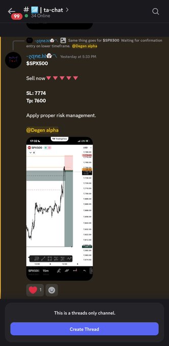 A screenshot of the 'ta-chat' Discord server shows a post by 'Degen alpha' providing a trading signal for $SPX500 (SL: 7774, Tp: 7600) along with a trading chart.