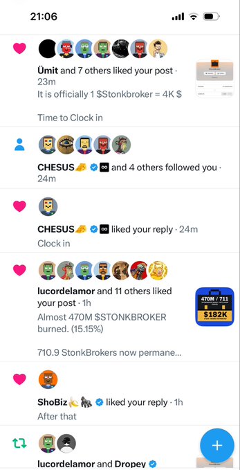 A mobile social media notifications screen at 21:06 showing likes and follows from users like Ümit, CHESUS, lucordelamor, and ShoBiz, with references to $tonkbroker and 470M $TONKBROKER burned.