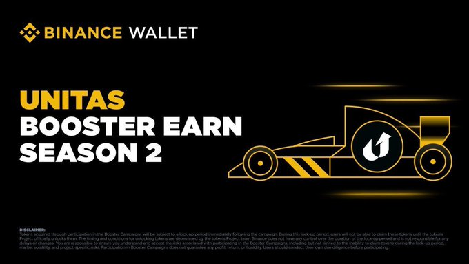 A Binance Wallet promotional banner for "UNITAS BOOSTER EARN SEASON 2" featuring a stylized yellow race car graphic alongside the Binance Wallet logo on a black background, advertising the upcoming event and supporting the post's announcement of a $150,000 reward pool starting July 23, 2026.