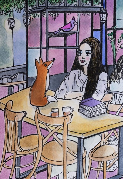 A watercolor and ink illustration depicting a woman with long dark hair sitting at a café table across from a fox, with a bird perched on a shelf behind them.