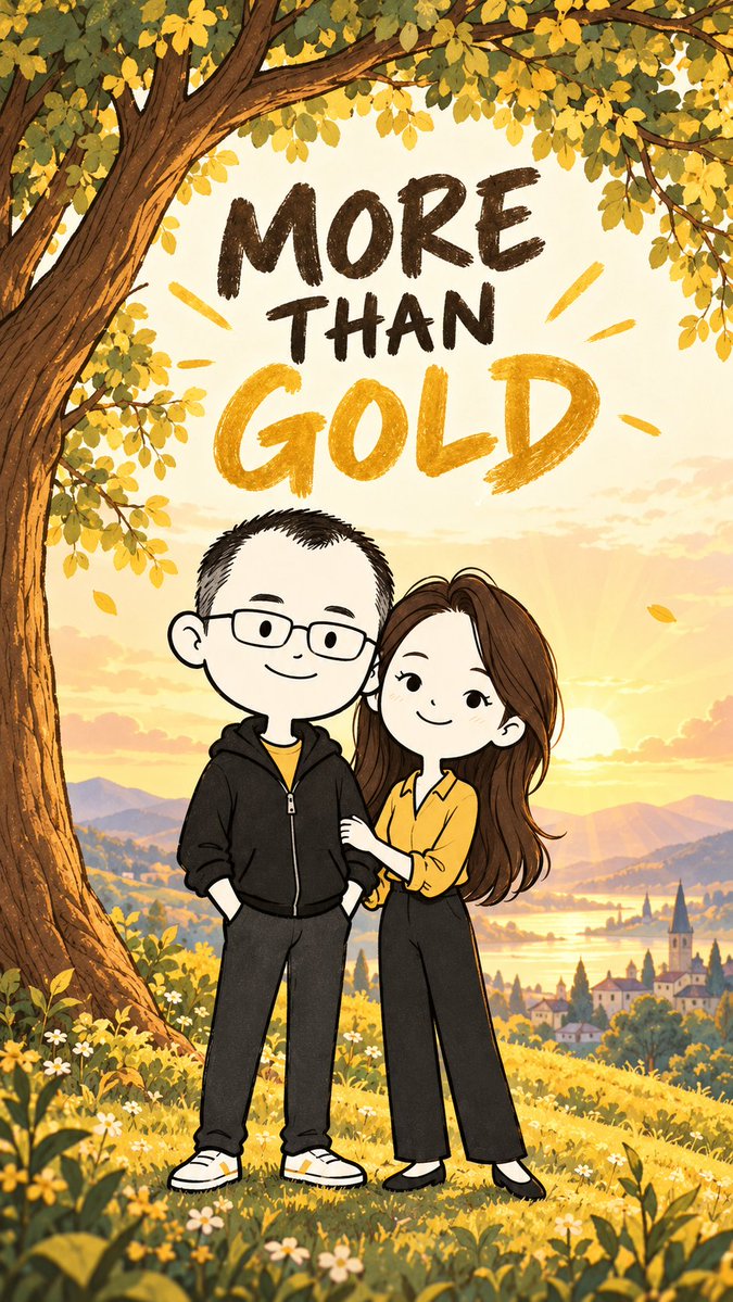 A cartoon-style illustration of a couple standing under a tree with the text 'MORE THAN GOLD' at the top, set against a landscape background.