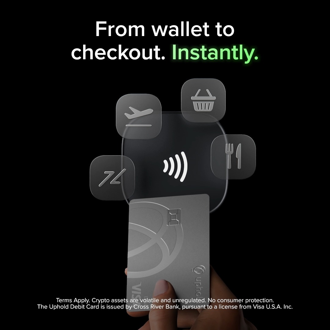 The image shows a person holding a credit card over a display of various payment options, including a checkout screen with different icons representing different types of transactions. The text above the image reads "From wallet to checkout. Instantly." This suggests that the person is using their credit card for purchases and wants to know if they can use it at a nearby store or restaurant.
