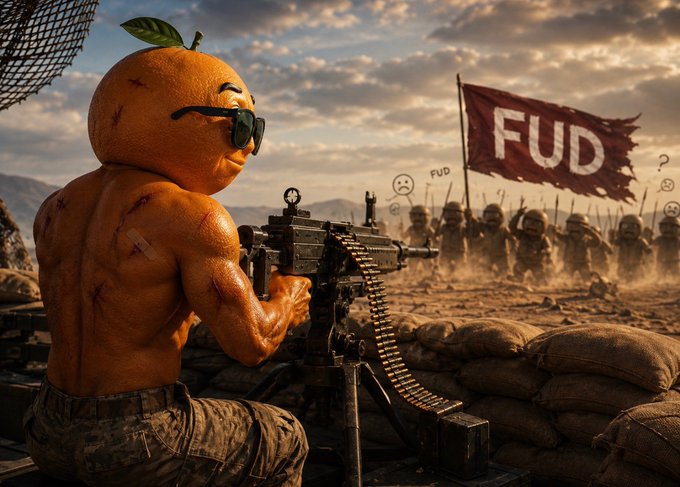 An anthropomorphic orange wearing sunglasses and camouflage pants fires a machine gun from a sandbagged bunker at an approaching army of angry "FUD" stick figures, under a tattered red banner reading "FUD." The post pairs with this battle scene to illustrate how a loyal community can fight back against fear, uncertainty, and doubt ("FUD")—suggesting the orange mascot represents a "runner" crypto project ("Brainrots") whose strong holders are defending it from the FUD crowd.
