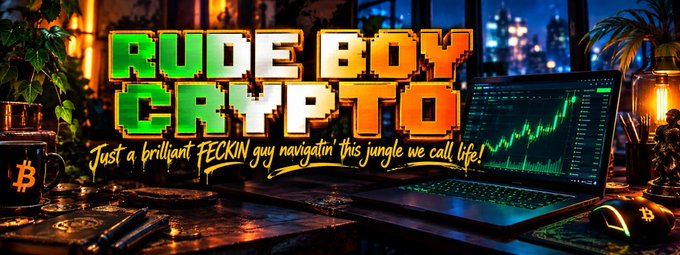 A bold "RUDE BOY CRYPTO" banner designed in a Jamaican-themed color palette of green, gold, and orange, displayed across a desk setup with a laptop showing trading charts, a Bitcoin mug, and a city skyline backdrop. The tagline reads "Just a brilliant FECKIN guy navigatin this jungle we call life," tying into the post's celebration of receiving a new NFT banner gifted by @MuseForge434.