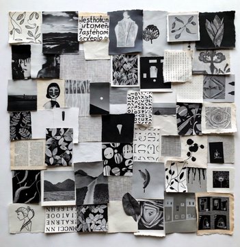 A collage of black and white patterned paper squares and cutouts arranged in a mood board style.