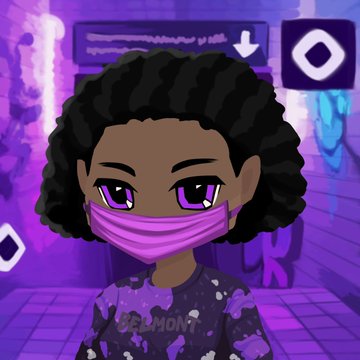A digital cartoon avatar of a dark-skinned character with purple eyes, curly black hair, and a pink face mask stands against a purple-toned blockchain/NFT background, with "VERMONY" text visible on their shirt. The image ties to the post as a stylized NFT character representative of the Doll Club NFT/Overnads ecosystem mentioned, fitting the post's theme of early Monad alpha and NFT minting.
