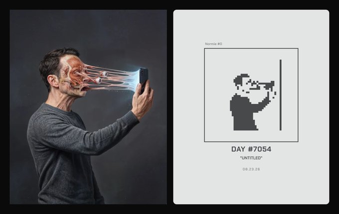 A surreal photo of a man's face being stretched into his phone by an 'ICE' effect, paired with a pixel-art frame titled 'Nonnie #0, DAY #7054 UNTITLED 06.23.26' showing a figure by a doorway.