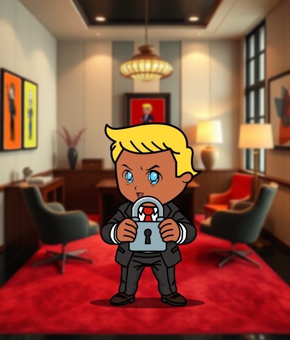 A chibi-style cartoon character with blonde hair in a suit holding a large padlock, standing in what appears to be an office or Oval Office-like room with red carpet.