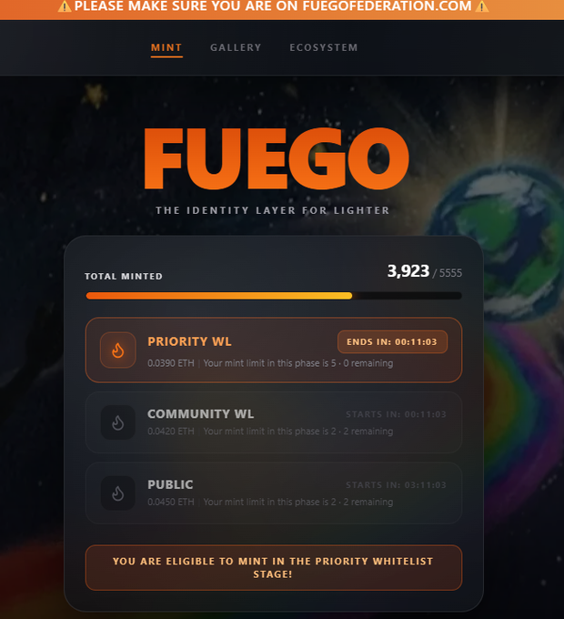 The image displays the Fuego minting page on fuegofederation.com, showing 3,923/5,555 total minted (about 71%) with 11 minutes left in the Priority WL phase, where 0.0390 ETH is the price with 0 mints remaining for the user, while the Community WL and Public phases are set to start shortly after.