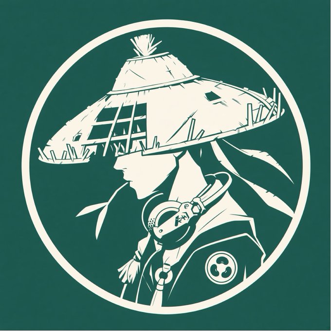 A stylized green and white circular logo featuring the profile of a character wearing a straw hat and headphones, with a three-comma (mitsudomoe) symbol on the shoulder.