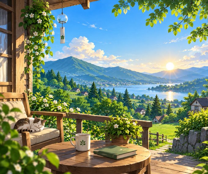 A cozy wooden porch overlooks a serene landscape featuring green mountains, a sparkling lake, and a small village at sunset, with a cat resting on a cushioned bench and a mug and book on the table.