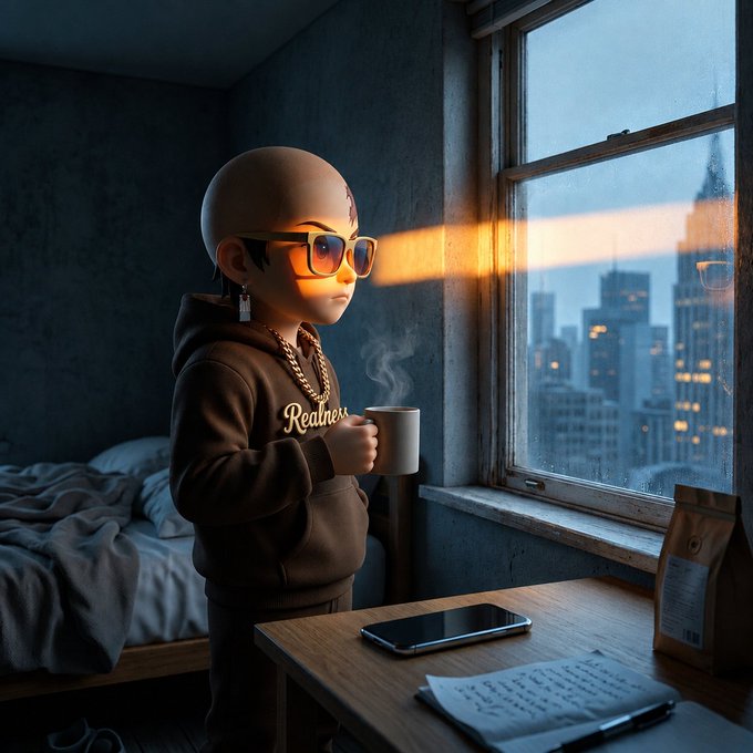 A 3D-rendered bald child wearing sunglasses and a dark 'Realness' hoodie holding a steaming coffee mug, standing by a window overlooking a city skyline with a phone and notebook on a nearby table.