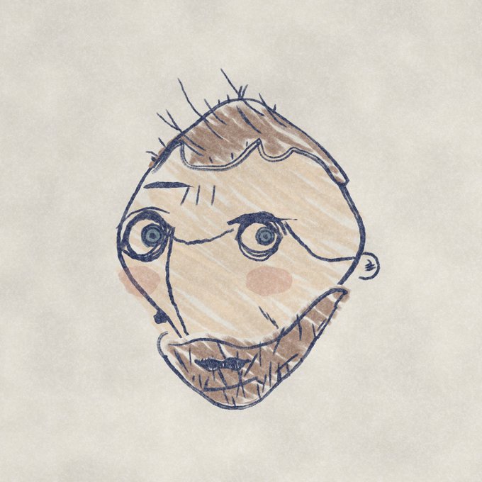 A watercolor and ink illustration on aged paper depicting a stylized, cartoonish bearded face with sparse hair, large blue eyes, and pink cheek circles.