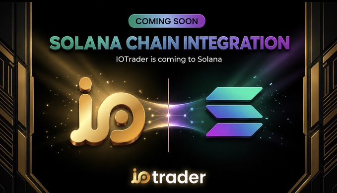 A promotional graphic announcing "COMING SOON: SOLANA CHAIN INTEGRATION" with the tagline "IOTrader is coming to Solana," featuring the golden IOTrader logo alongside Solana's signature purple-to-teal stacked bar logo. The image visually represents the partnership announcement in the caption, highlighting the integration of IOTrader's trading ecosystem with the Solana blockchain.