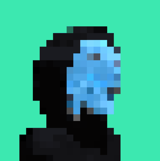 A pixel art illustration shows a figure with a hooded black cloak obscuring most of their face, while a glowing blue crystalline or digital face is visible on the right side against a bright green background.