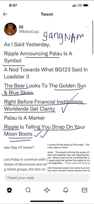 A screenshot of a Twitter/X post by user @BabaCugs with handwritten annotations including a checkmark and arrows, claiming that Ripple's announcement of Palau partnerships is a bullish sign foreshadowing global regulatory clarity for XRP.
