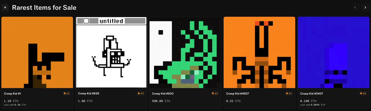 A "Rarest Items for Sale" section displays five pixelated Creep Kid NFTs with prices ranging from 0.108 ETH to 1.10 ETH and rarity rankings from #1 to #3407, supporting the post's announcement about airdrops to dedicated collectors in the Creepz NFT collection on OpenSea.