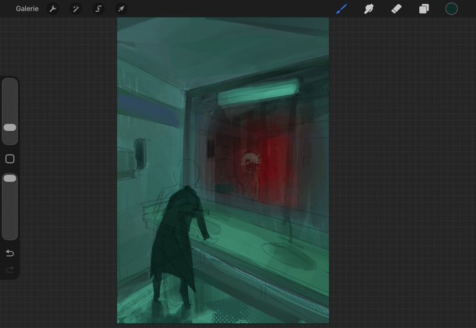 A digital painting in progress within a drawing app, depicting a dark sci-fi scene with a figure standing before a glowing red illuminated window or panel in a teal-green lit interior.