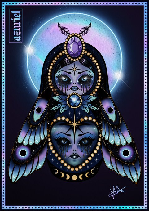 A mystical, symmetrical digital illustration of two faces with blue skin and crying eyes framed within a moth-like design, adorned with celestial symbols and the name 'azuriel' in the corner.