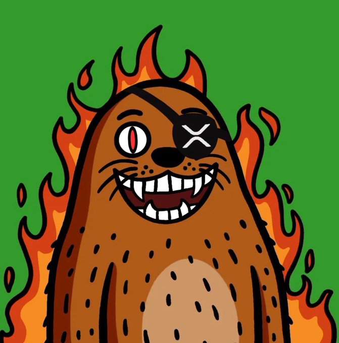 A cartoon seal with an eyepatch and a wide, toothy grin is engulfed in cartoon flames against a green background, capturing the playful, fiery "ARF ARF" energy of the post celebrating XRPL NFTs and the SealonXRP mascot.