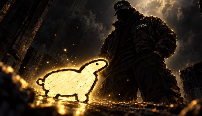 A dark, dramatic digital illustration shows a hooded figure with 'JTX' on their jacket standing beside a glowing golden, textured creature in a smoky environment.