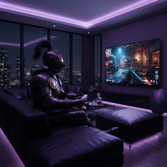 An armored samurai in dark ornate armor sits on a leather couch playing a video game on a large screen in a modern room with purple ambient lighting and a city view at night.