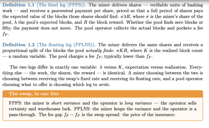 A text excerpt explaining FPPS and PPLNS mining pool payment definitions, with an orange box highlighting the 'swap, in one line' concept relating to variance.