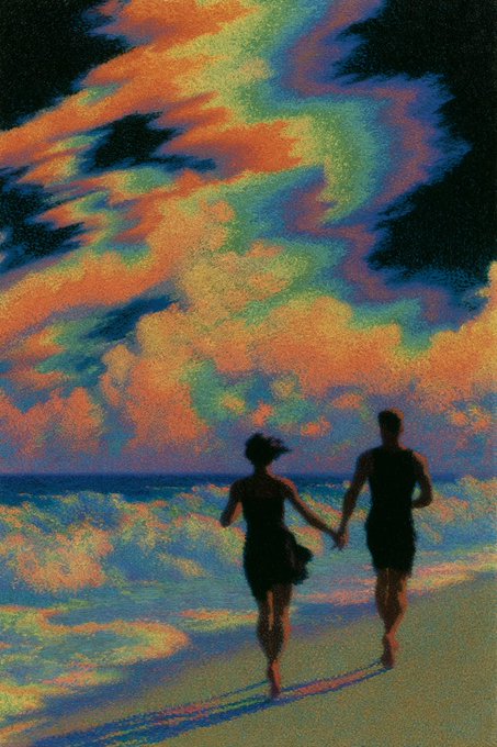 A vibrant, impressionistic painting depicts two silhouetted figures holding hands and running along a beach under a dramatic, colorful sunset sky.