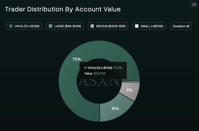 A data visualization titled 'Trader Distribution By Account Value' showing a donut chart where WHALES (>$10M) account for 75.3% with $33.75B value, alongside categories for LARGE, MEDIUM, and SMALL accounts.