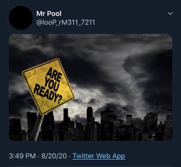 A tweet by @_looP_rM311_7211 (Mr Pool) posted at 3:49 PM on 8/20/20 shows a stormy sky looming ominously over a city skyline, with a prominent yellow caution sign reading "ARE YOU READY?" in the foreground—visually reinforcing the post's warning that XRP is an approaching storm.