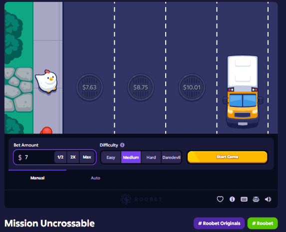 A screenshot of an online gambling game called 'Mission Uncrossable' by Roobet, showing a road with a chicken and a truck, bet amount set to $7, and a 'Start Game' button.
