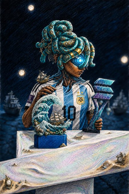 A surreal, AI-generated artwork depicting a figure with octopus tentacles for hair, wearing an Argentina '10' football jersey, standing behind a table with a wave sculpture and trophies against a starry night sea backdrop.