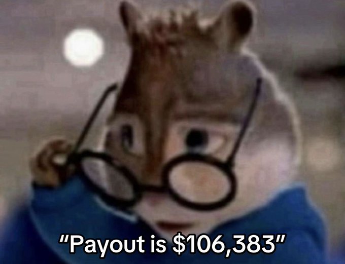 Meme image of a hamster wearing glasses with the caption "Payout is $106,383".
