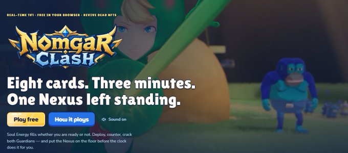 A promotional banner for the game 'NomgaR Clash' featuring the tagline 'Eight cards. Three minutes. One Nexus left standing' with a Play free button and character artwork.