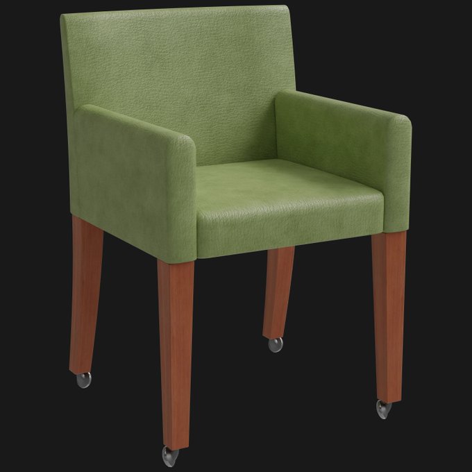 A 3D render of a green upholstered armchair with wooden legs and caster wheels on a black background.
