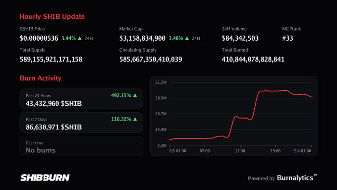A cryptocurrency dashboard for SHIB showing an 'Hourly SHIB Update' with price, market cap, and a 'Burn Activity' chart by SHIBBURN powered by Burnalytics.