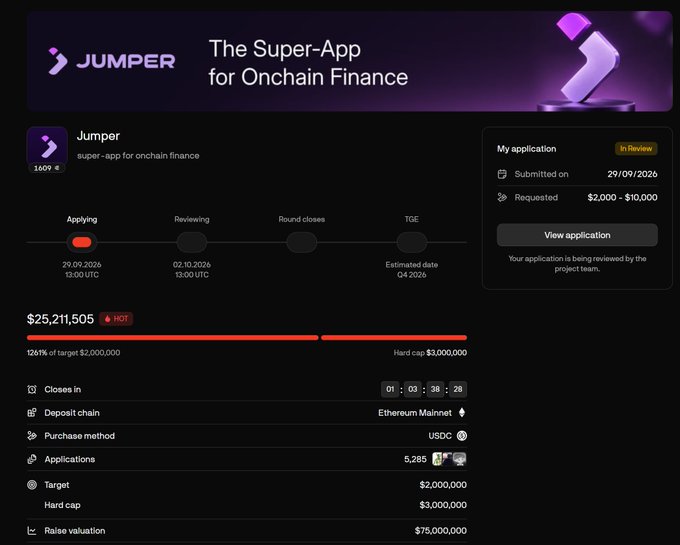 A promotional webpage for a crypto project called 'JUMPER,' described as 'The Super-App for Onchain Finance,' showing funding metrics like $25,211,505 raised at a $75,000,000 valuation, with an application status of 'In Review'.