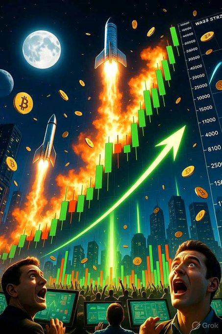 An AI-generated (Grok) dramatic illustration depicting Bitcoin rockets launching over a city skyline with massive green candlestick charts, flying coins, and excited traders below.